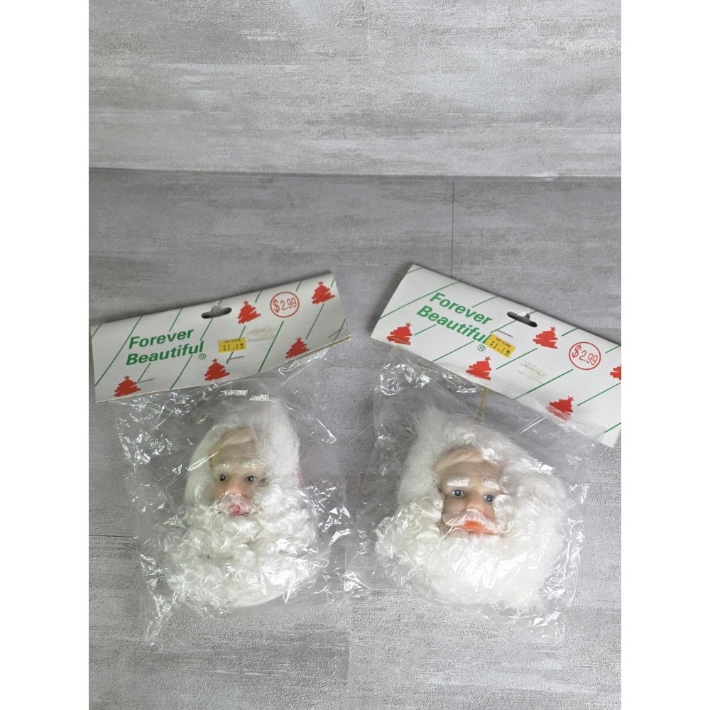 2 Christmas Ornaments Santa Head Rubber Face Fluffy Beard By Forever Beautiful